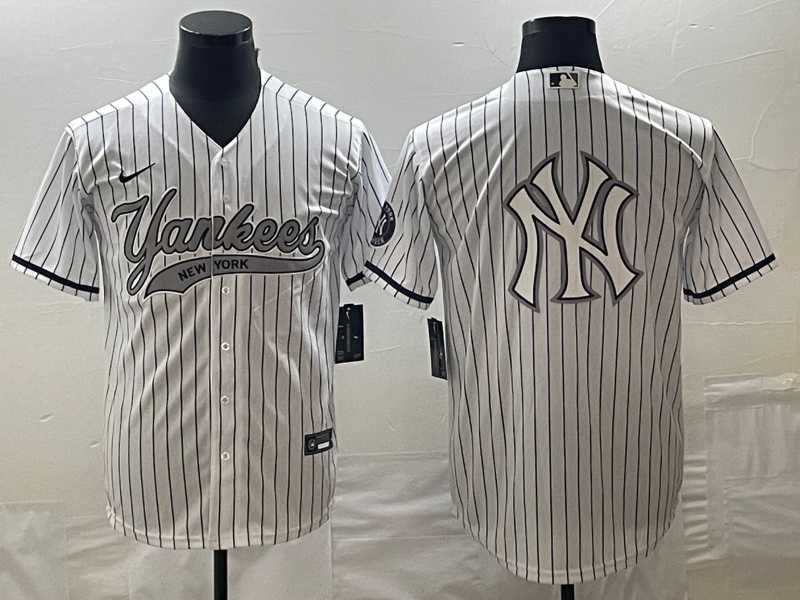 Mens New York Yankees Big Logo White Pinstripe Cool Base Stitched Baseball Jerseys